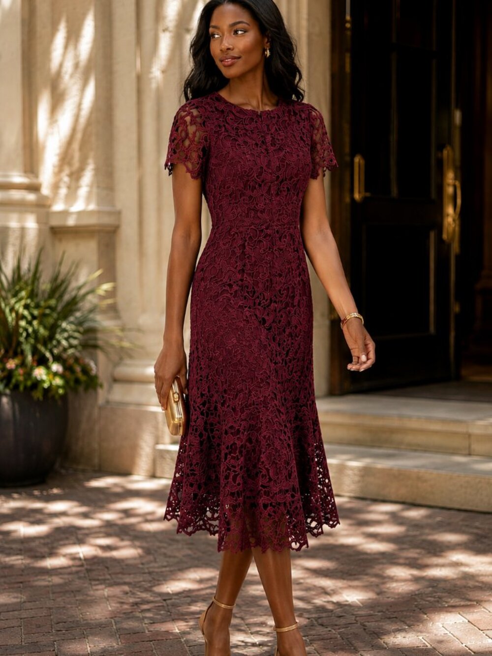Antonio Melani Maroon Lace Midi Dress 2 Wedding Guest Cocktail Holiday